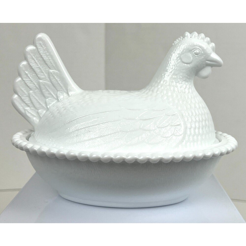 Vtg Indiana Glass Milk Glass Hen On Nest #7155 1973-1982 Cottage Core Art Farm
